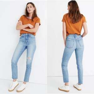 Madewell Jeans Womens 25 Petite Blue Perfect Vintage Ripped Knee Raw High Rise